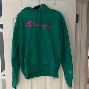 Champion Green Hoodie with Pink Logo